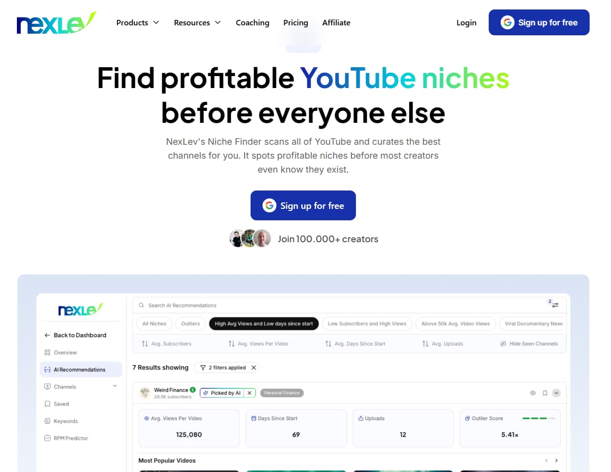 NexLev YouTube niche research and discovery tool