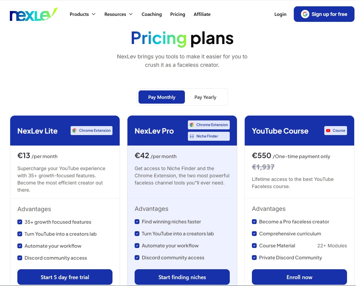NexLev pricing plans 2026