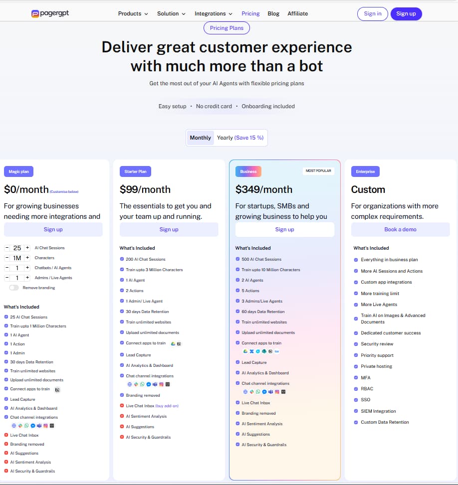 pagergpt pricing plans 2026 — Magic free plan, Starter $99, Business $349
