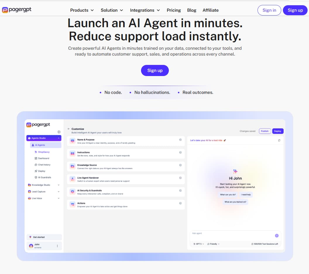 pagergpt AI agent builder review 2026 — pricing, free plan, no-code AI agents for customer support