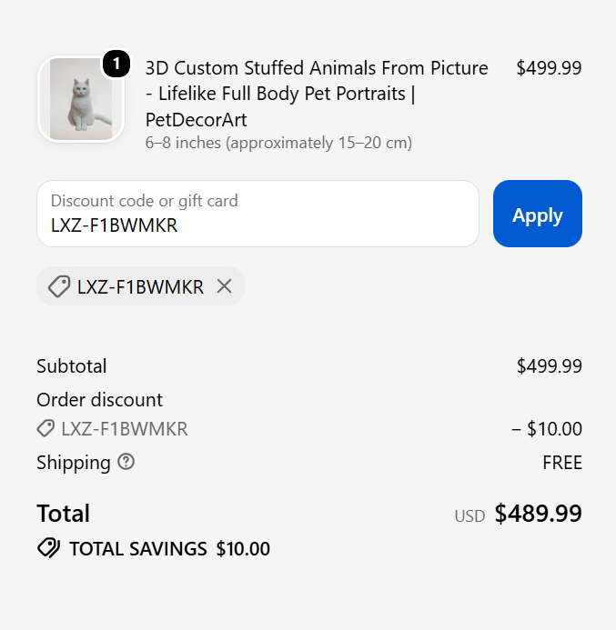 PetDecorArt discount code LXZ-F1BWMKR $10 off checkout proof