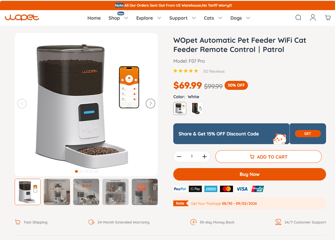 WOpet Automatic Pet Feeder WiFi Cat Feeder Remote Control