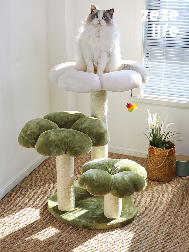 ZezeLife Four Leaf Clover Cat Tree with green and white flower platforms