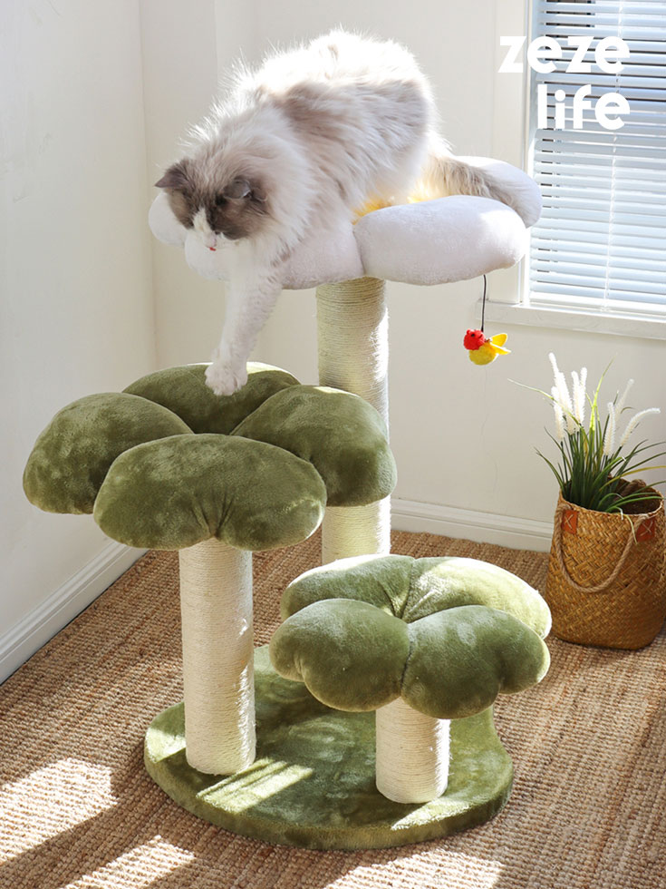 Cat moving between the platforms of the Four Leaf Clover Cat Tree