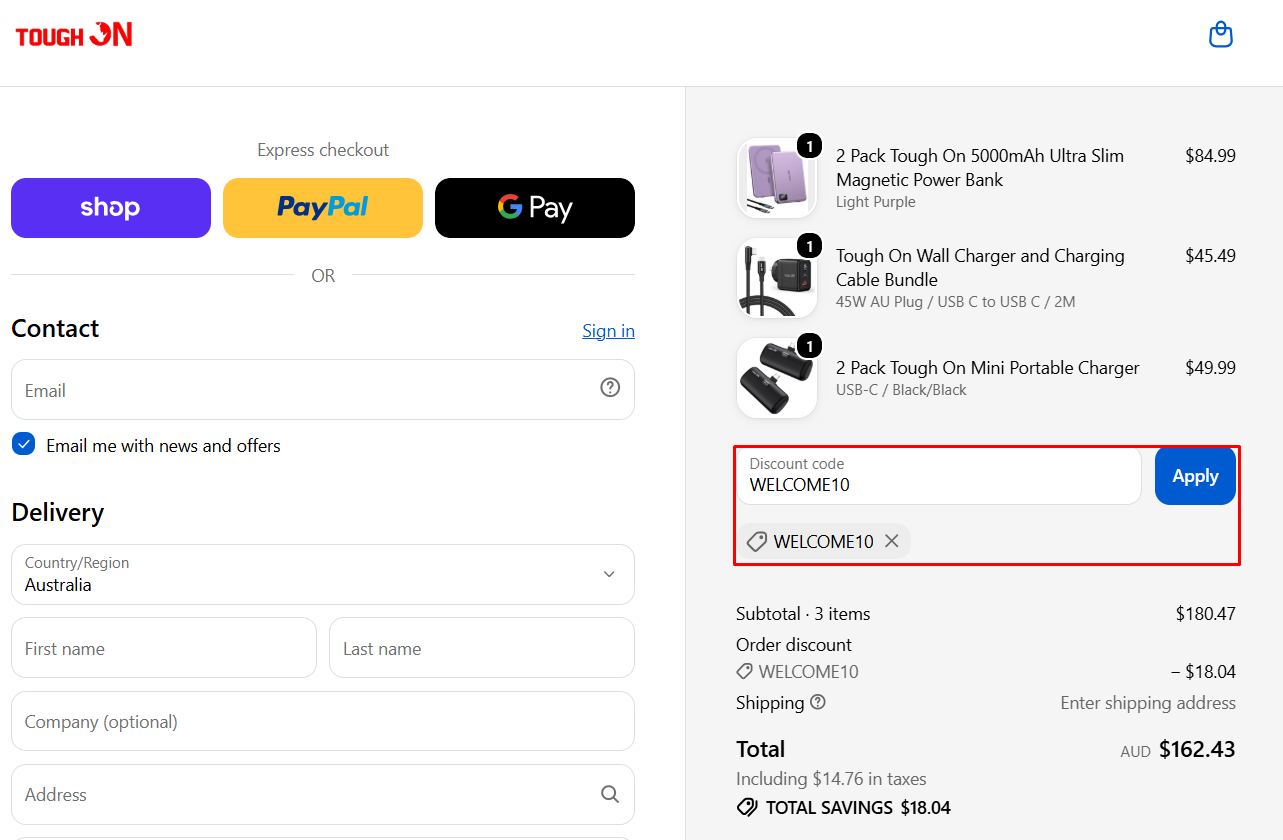 Tough On discount code Welcome10 10% off checkout proof