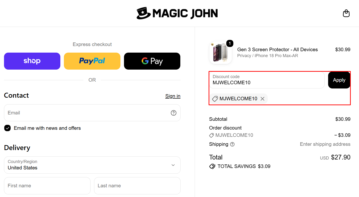 Magic John discount code SUMMER15 15 percent off screen protectors checkout proof