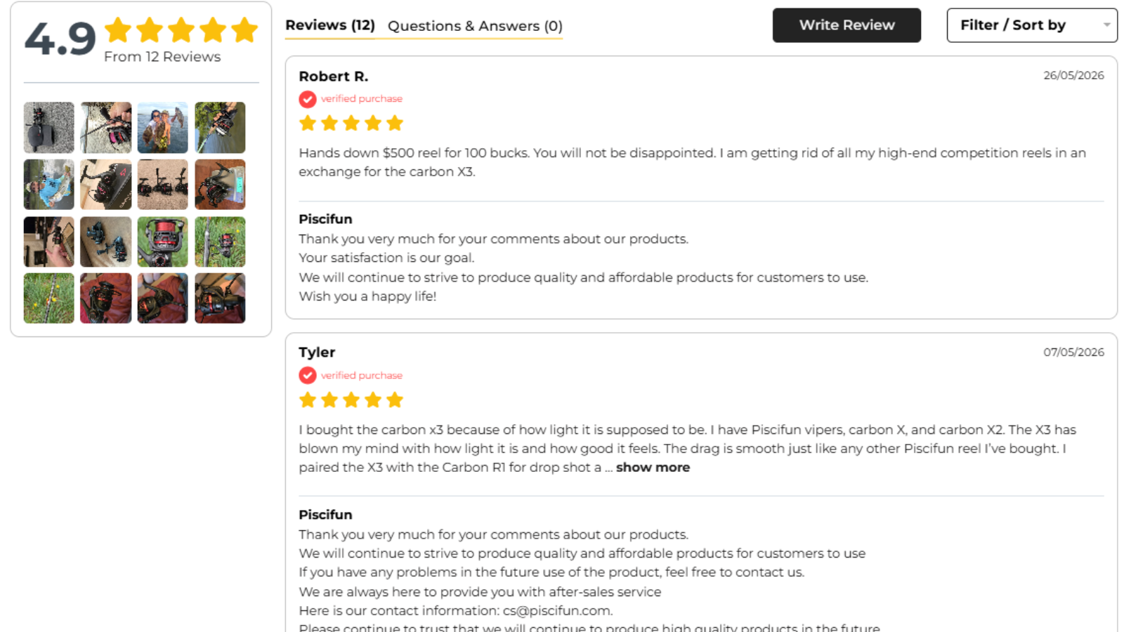 Piscifun Carbon X3 4.9 star review summary from 12 buyer reviews