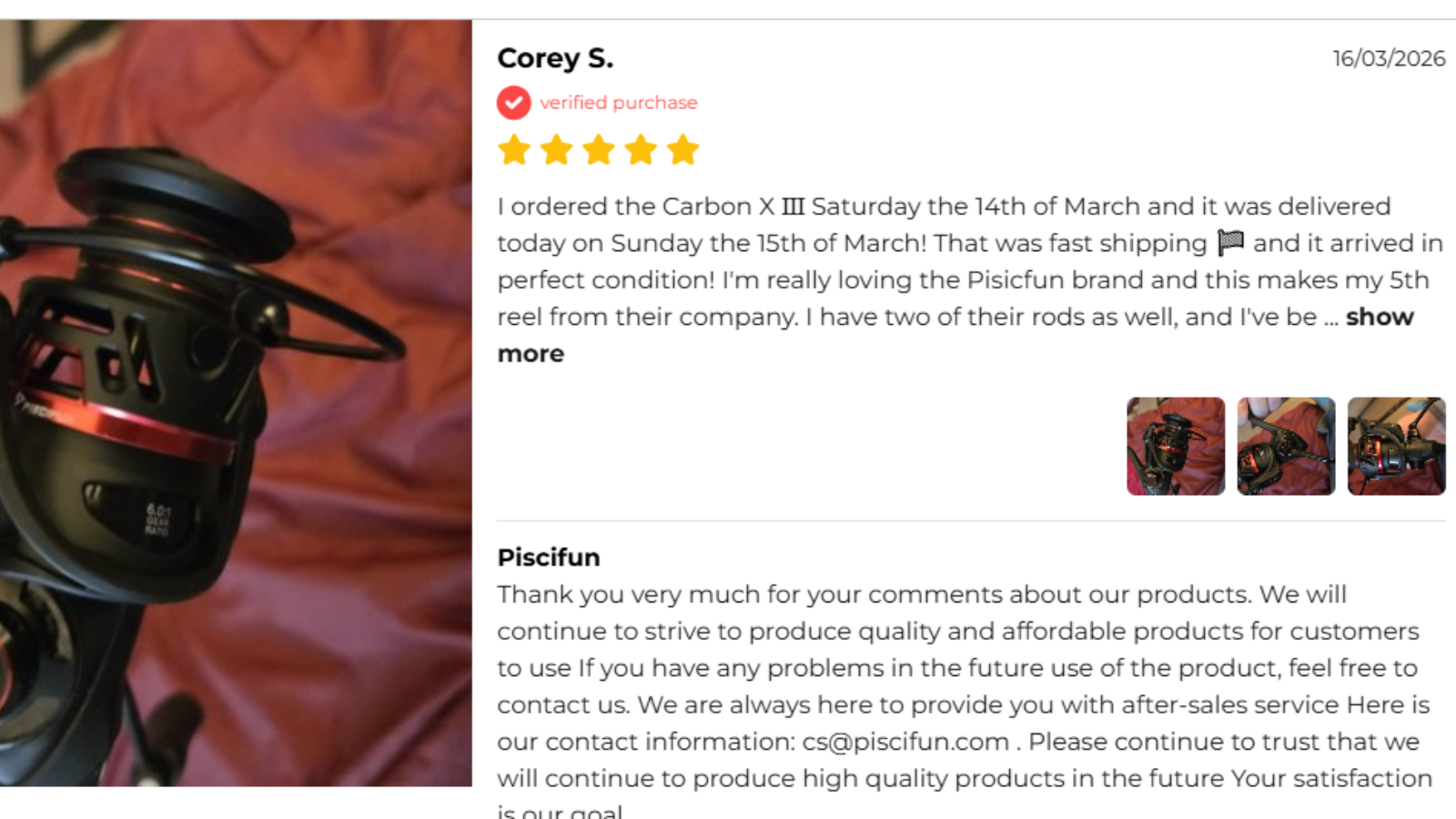 Piscifun Carbon X3 buyer review photo from Corey S