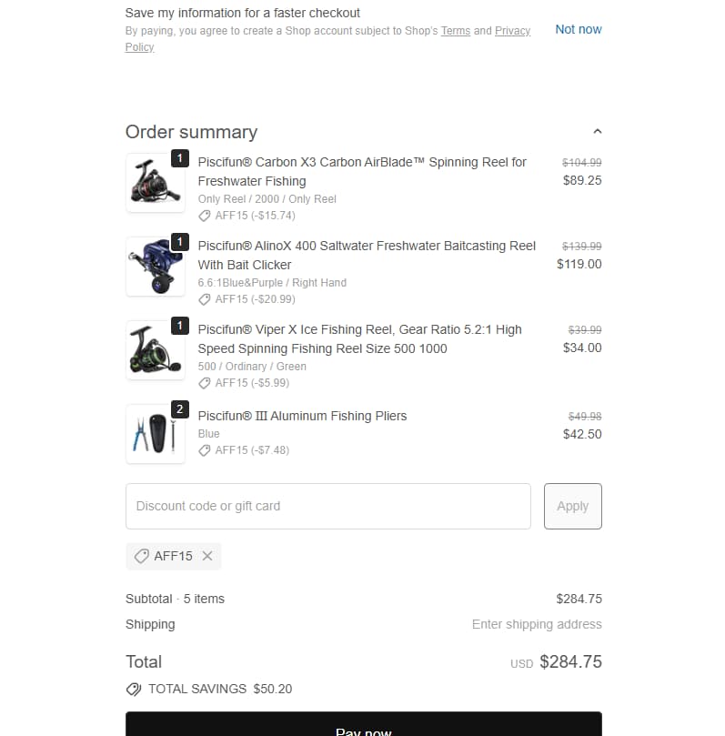 Piscifun AFF15 coupon checkout example showing eligible product discounts