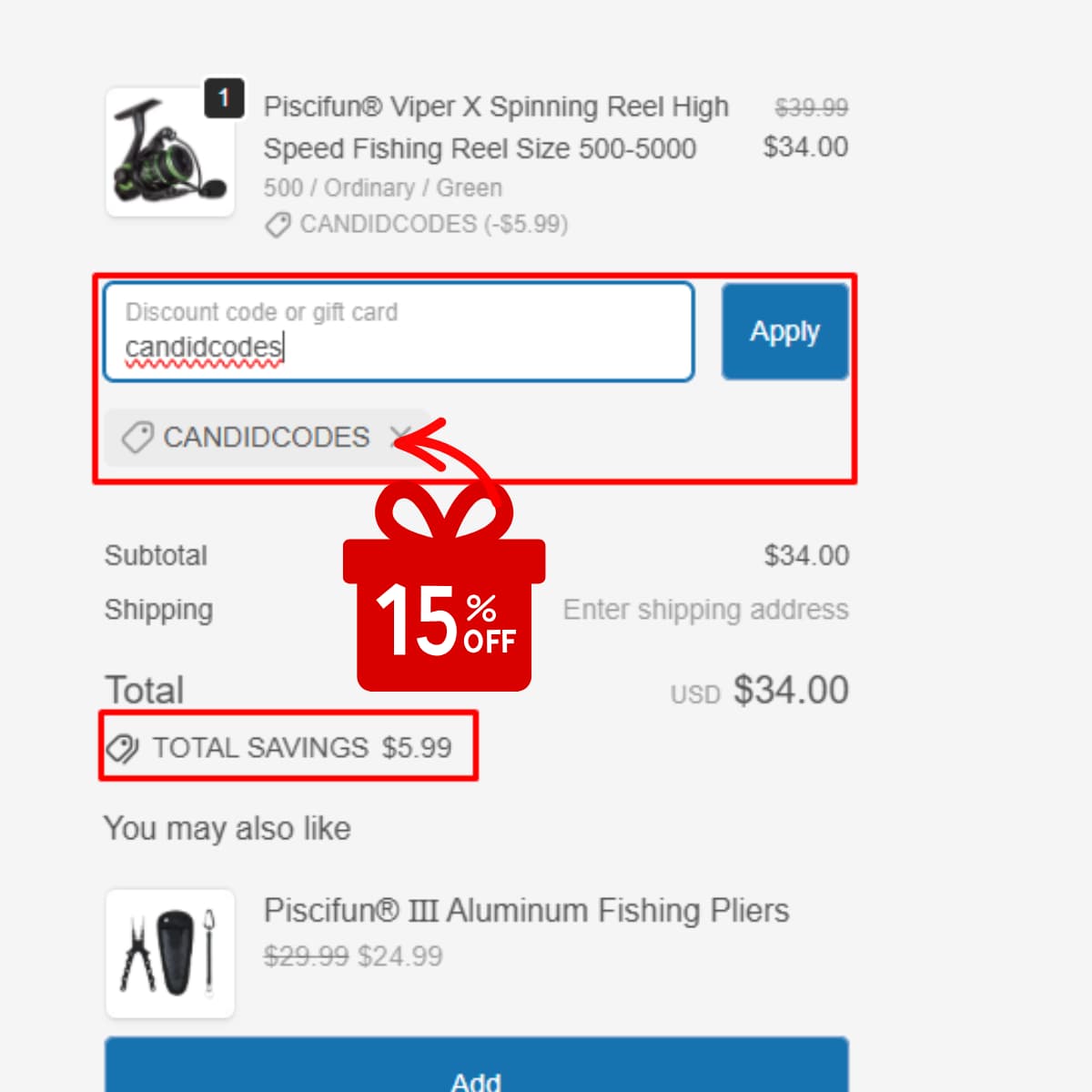 Piscifun coupon code CANDIDCODES checkout proof showing 15% off