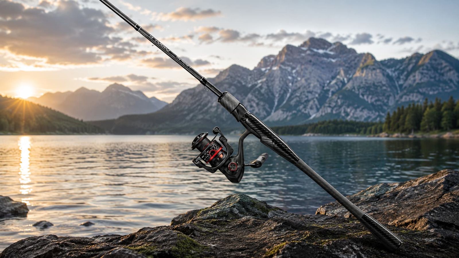Piscifun Carbon X3 spinning reel and rod beside a mountain lake at sunset