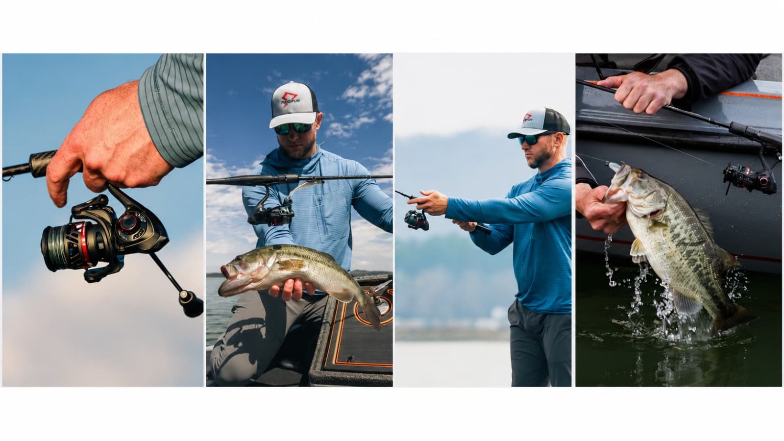 Piscifun Carbon X3 real-world fishing collage with reel, bass and freshwater action scenes