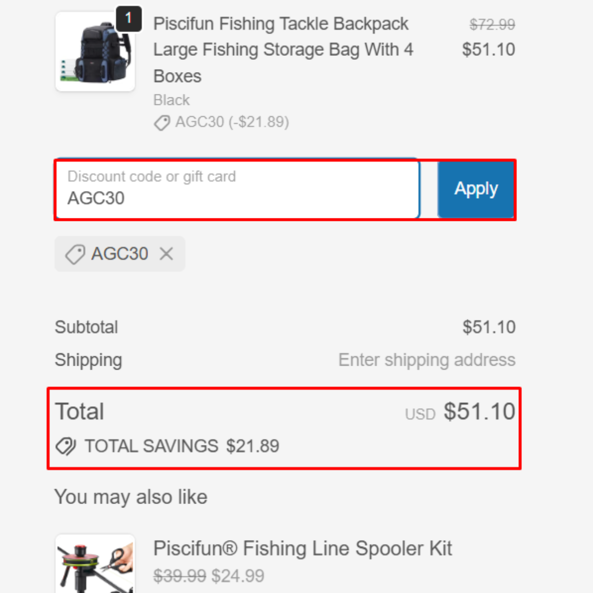 Piscifun backpack checkout proof AGC30 total savings $21.89