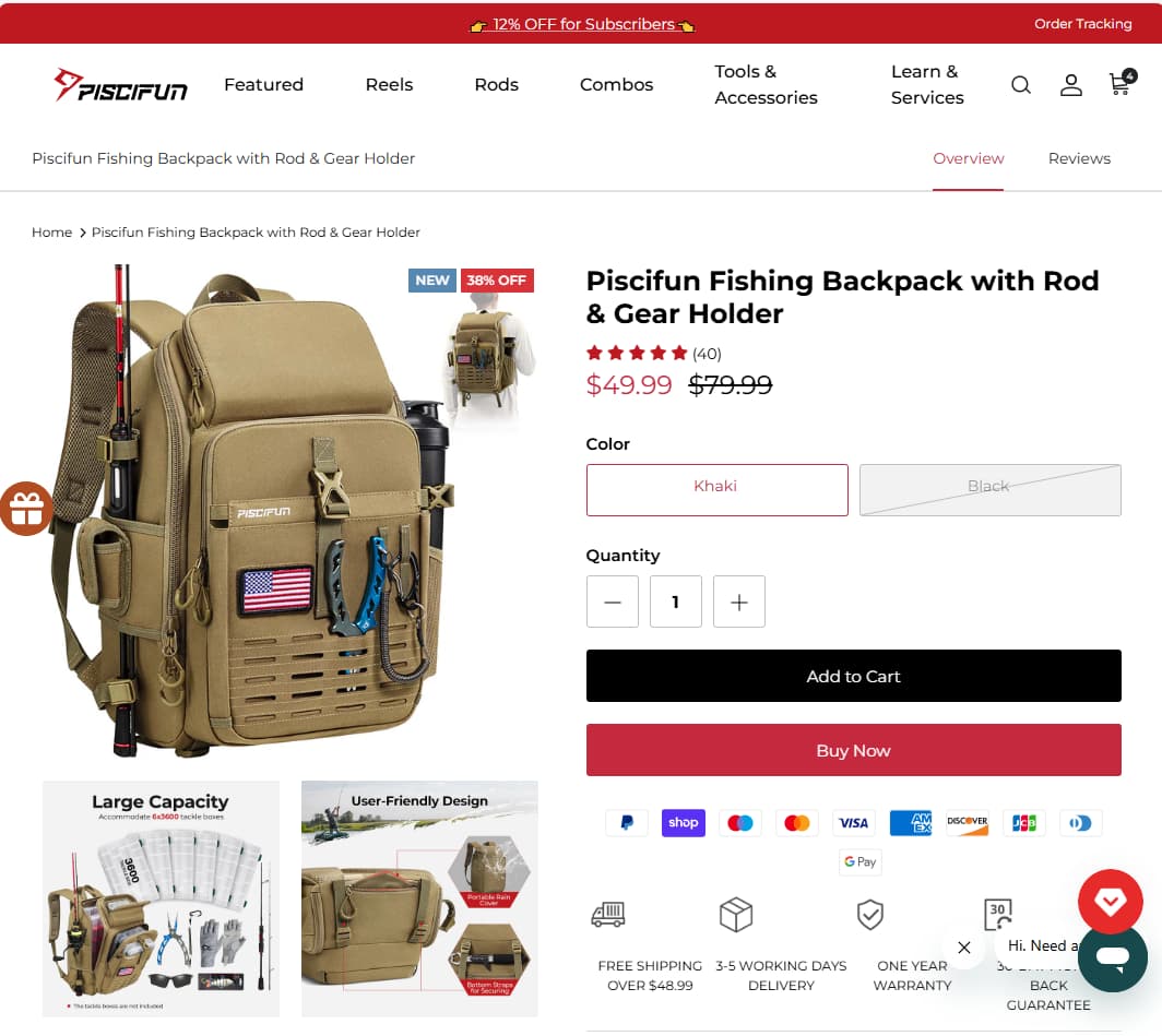Piscifun fishing backpack with rod and gear holder MOLLE system