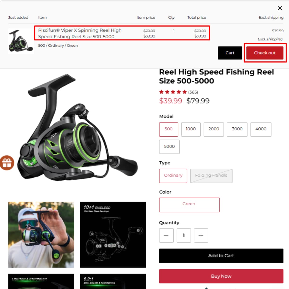 Piscifun Viper X Spinning Reel sale price proof in cart