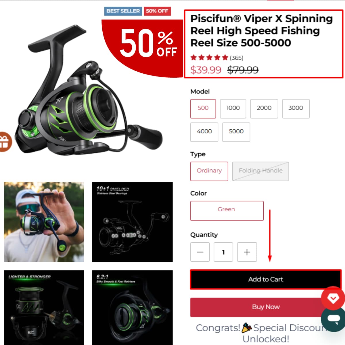 Piscifun Viper X Spinning Reel 50% off product page proof