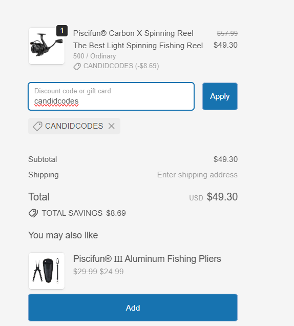 Piscifun Carbon X CANDIDCODES checkout proof $49.30