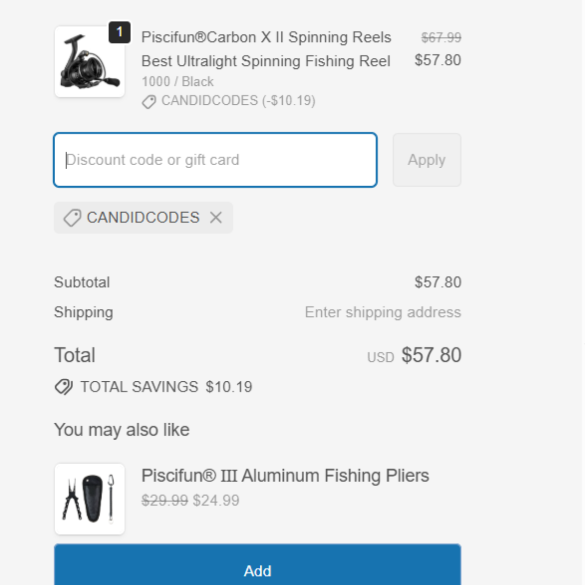 Carbon X II checkout proof showing CANDIDCODES and $57.80 total