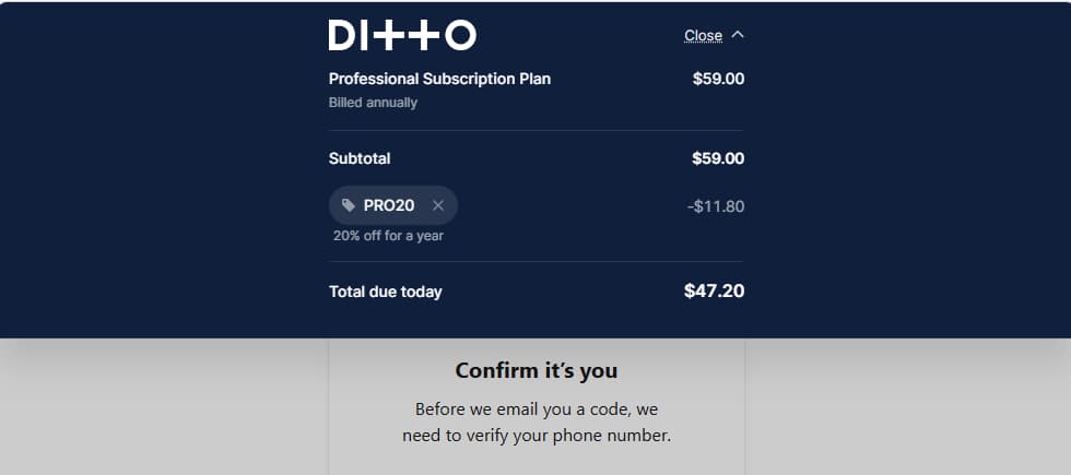 Ditto Pro checkout showing PRO20 discount applied and first-year total reduced from 59 dollars to 47.20 dollars