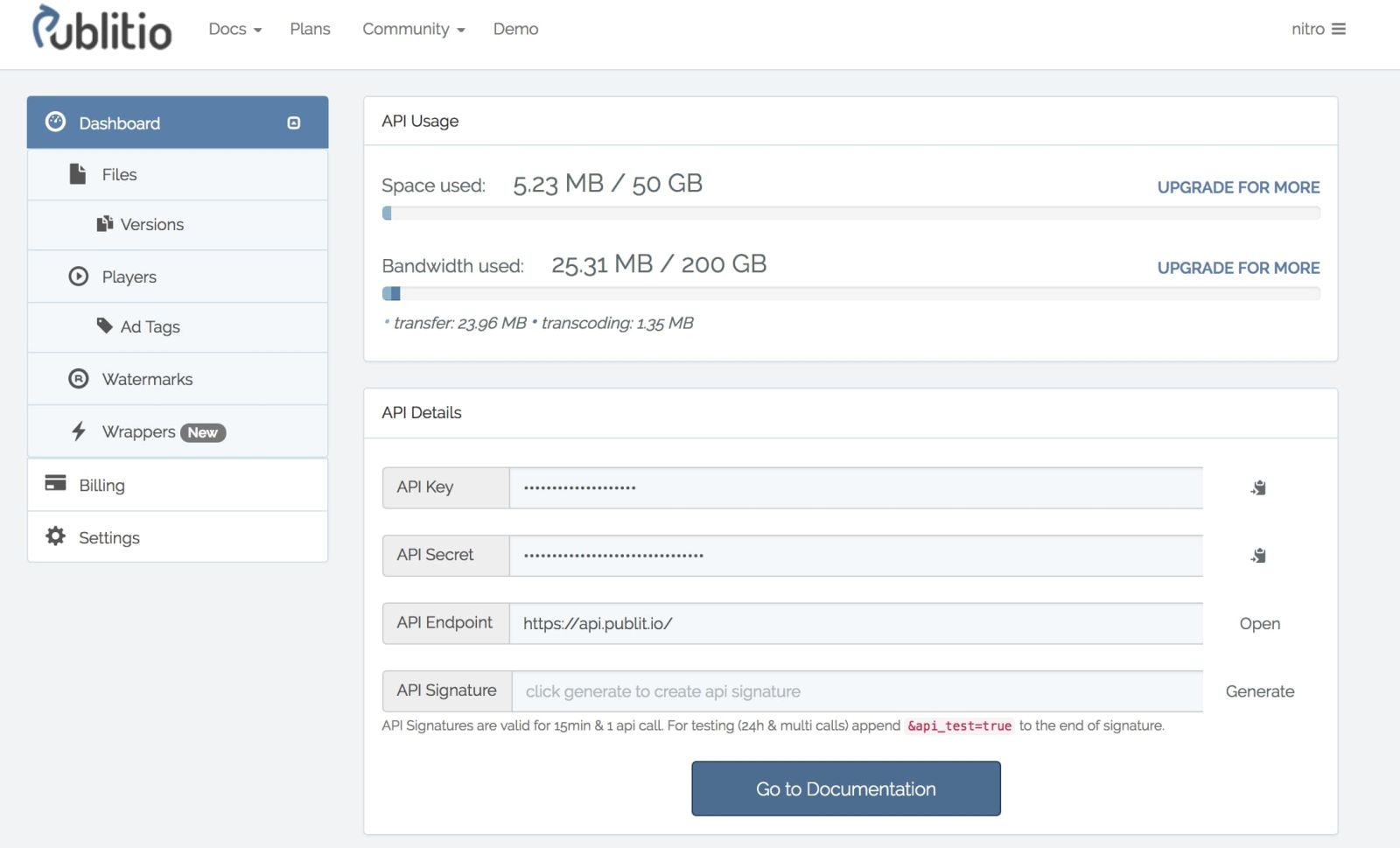 Publitio API documentation for media file management versions players ad tags and watermarks