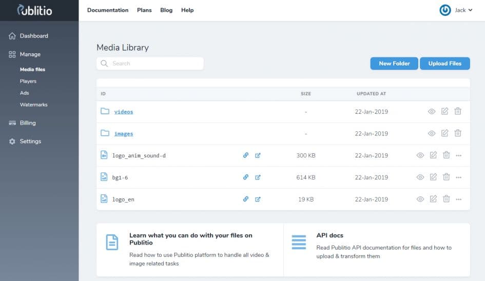 Publitio media library dashboard for uploading images videos audio PDFs and documents