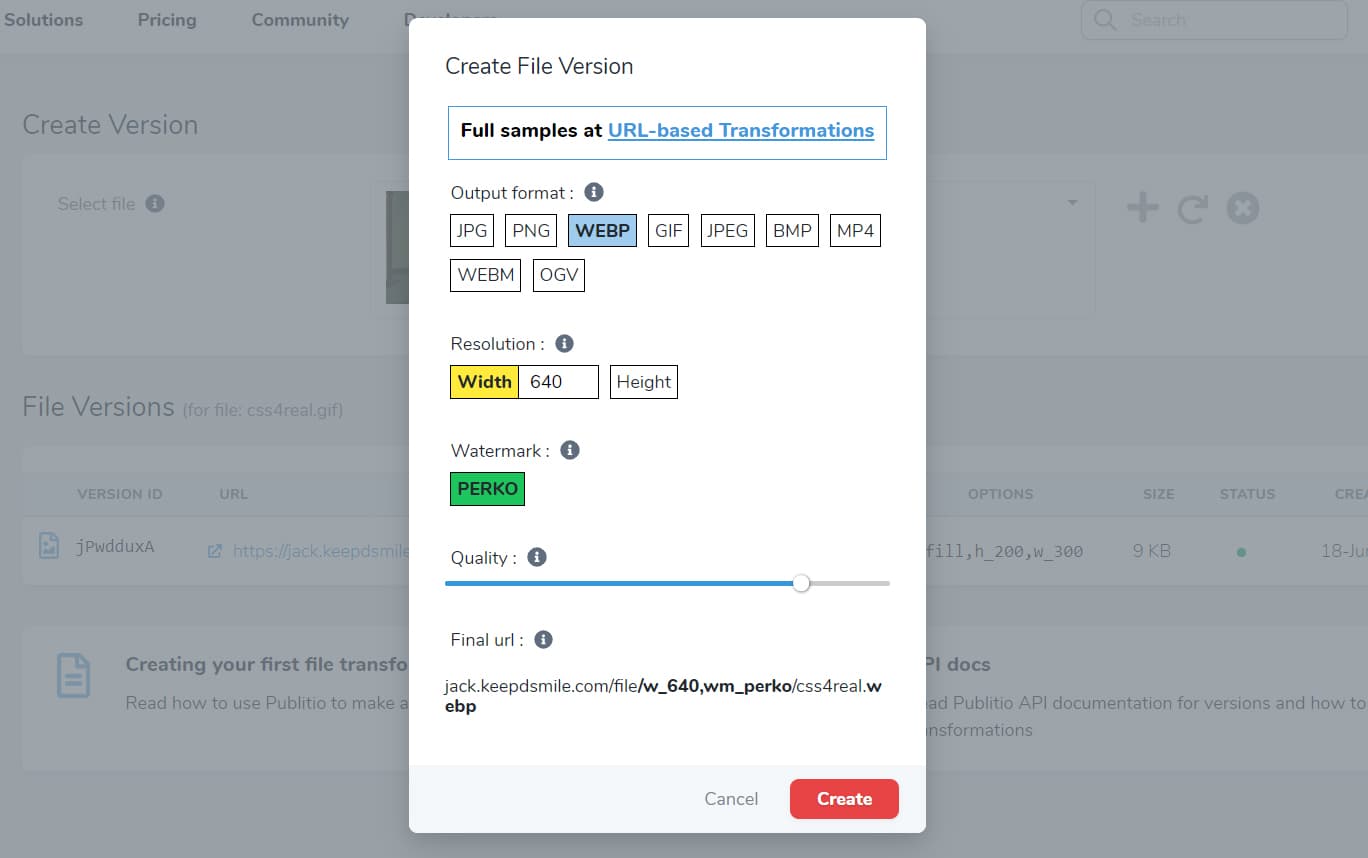 Publitio URL based transformations for resizing cropping converting watermarking and optimizing media files