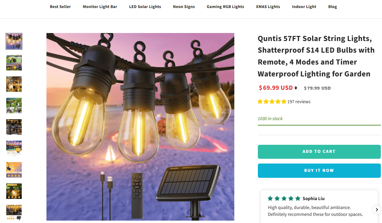 Quntis 57FT solar string lights product page showing sale price, customer reviews, and outdoor lighting use case