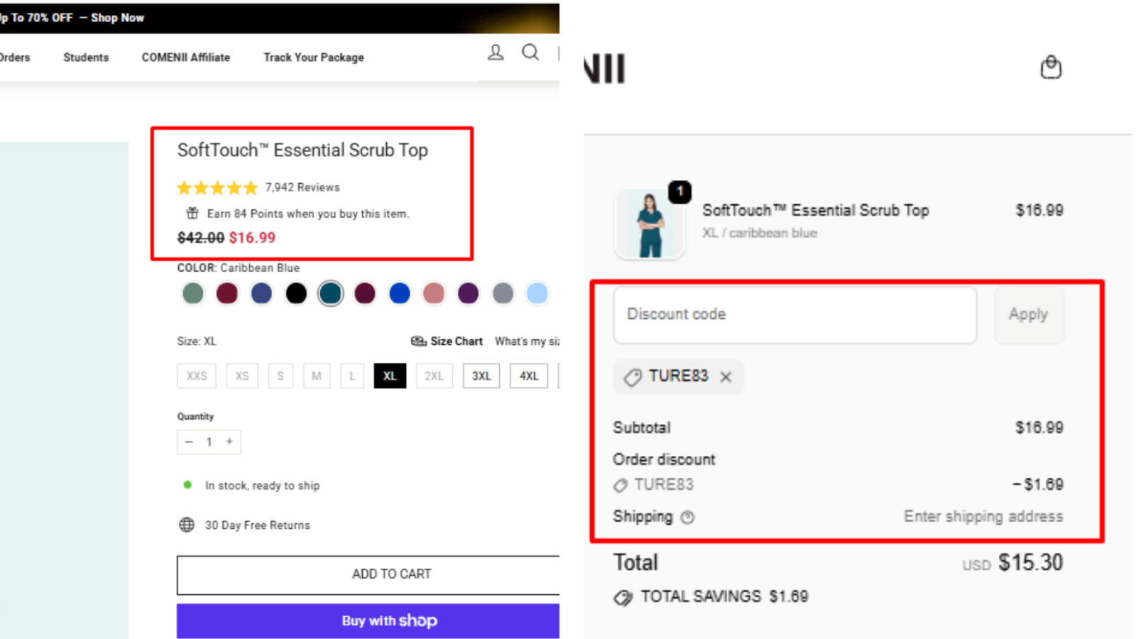 COMENII savings example showing SoftTouch essential scrub top markdown and TURE83 discount applied at checkout