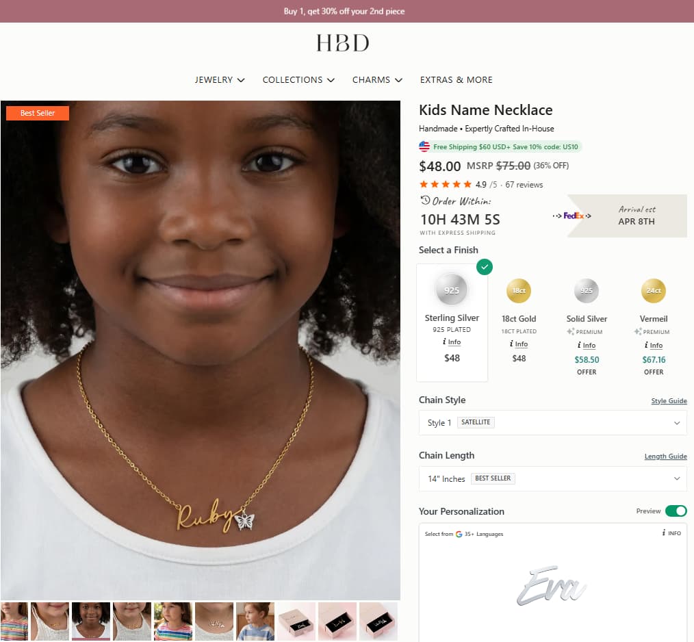 HBD Kids Name Necklace product page showing child-friendly personalised necklace design, current sale price, review rating, finish options, and sizing details