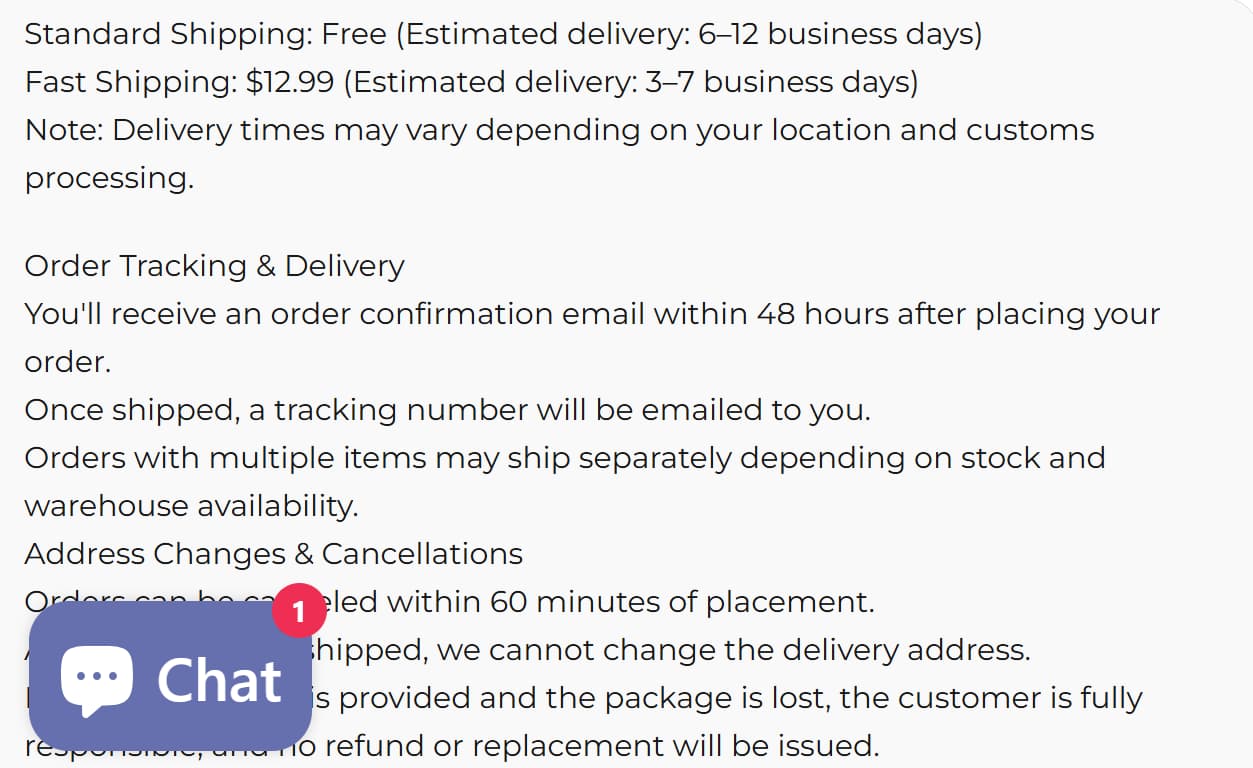 Momfann Shipping Policy showing standard shipping in 6–12 business days and fast shipping in 3–7 business days