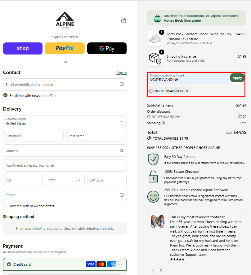 Alpine Footwear discount code NGUYENVANDINH 15 percent off barefoot shoes checkout proof