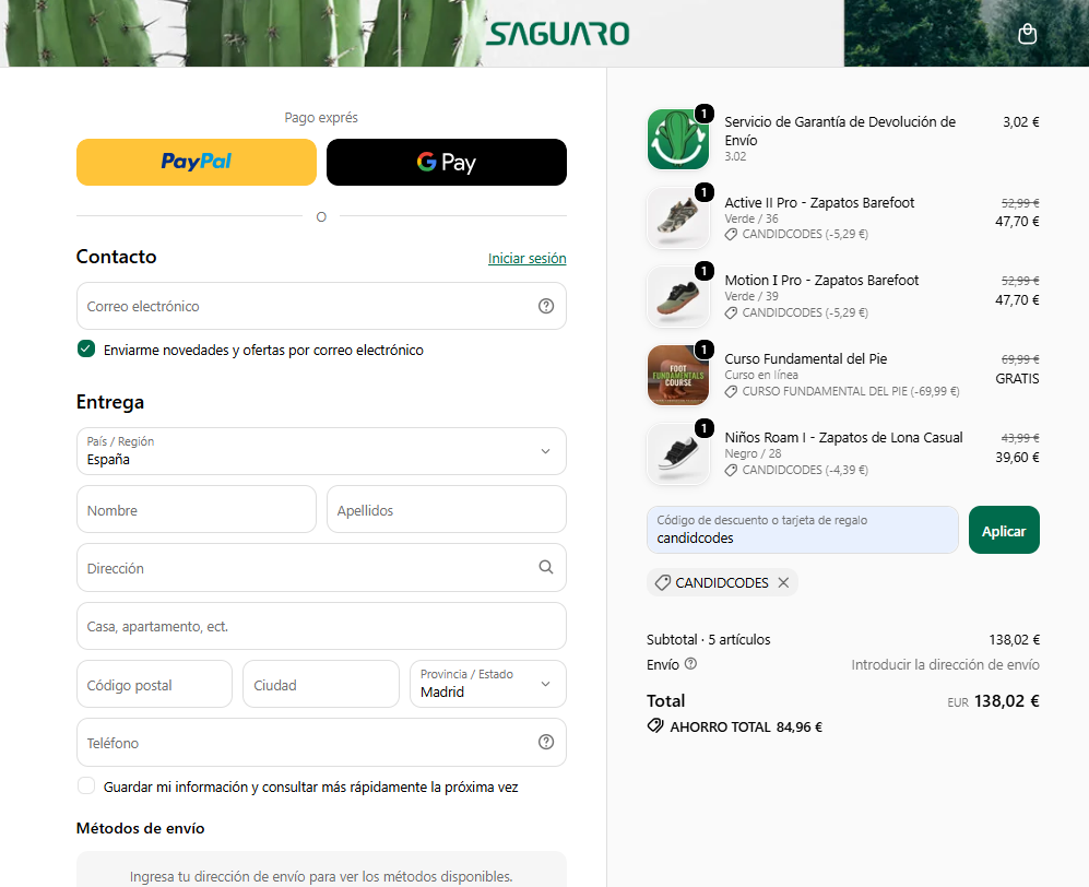 Código candidcodes aplicado en el pago de SAGUARO