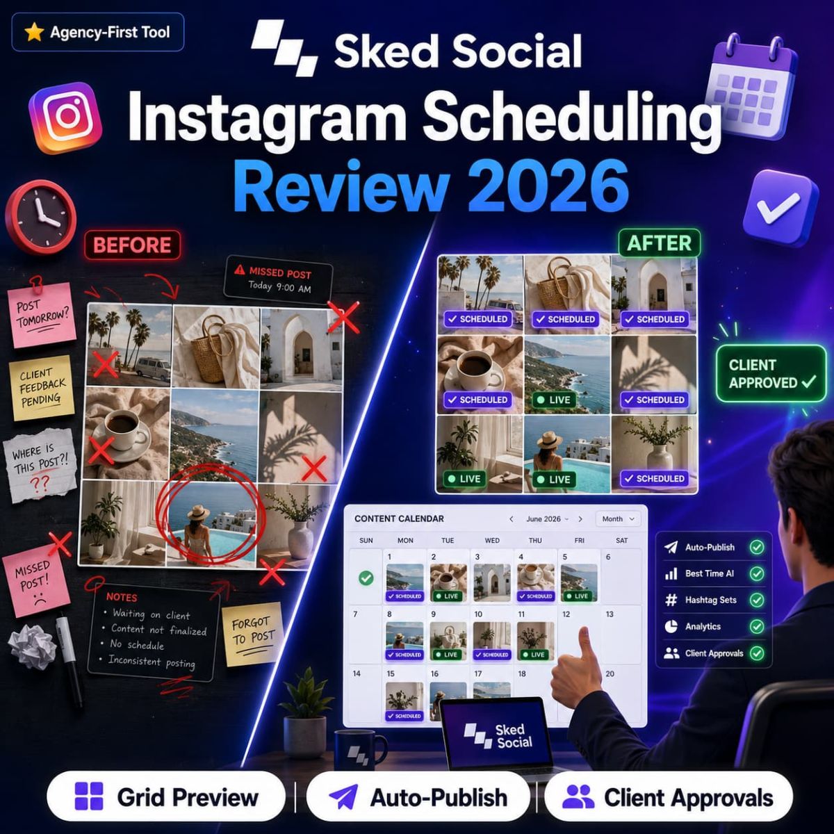 Sked Social Review 2026 — visual Instagram scheduling, grid preview, auto-publishing, client approvals, and agency tools