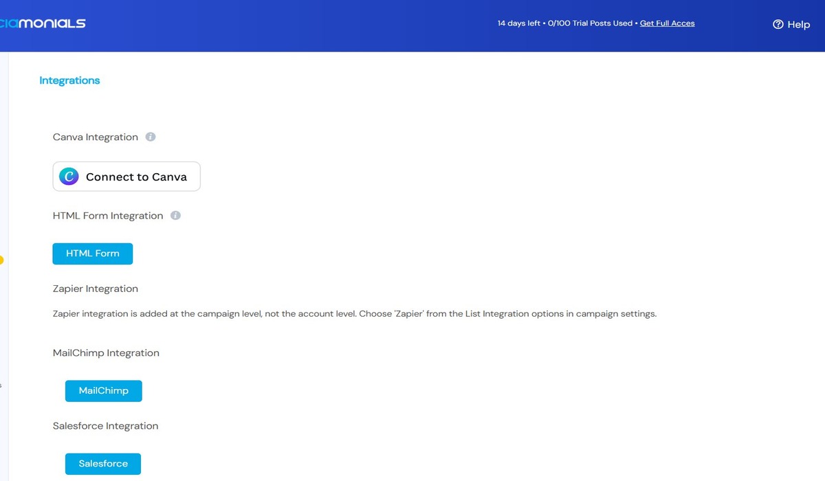 Sociamonials integrations — email marketing, CRM, and Zapier connections