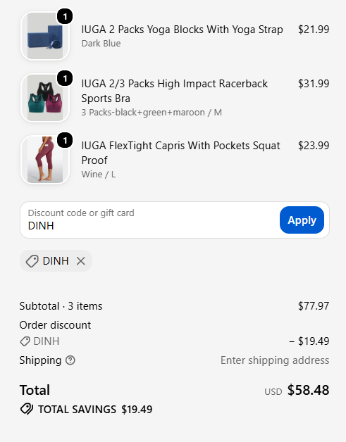 IUGA discount code DINH 25 percent off yoga activewear checkout proof