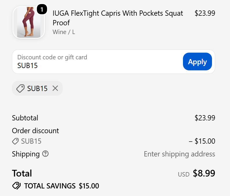 IUGA discount code SUB15 15 dollars off yoga capris checkout proof