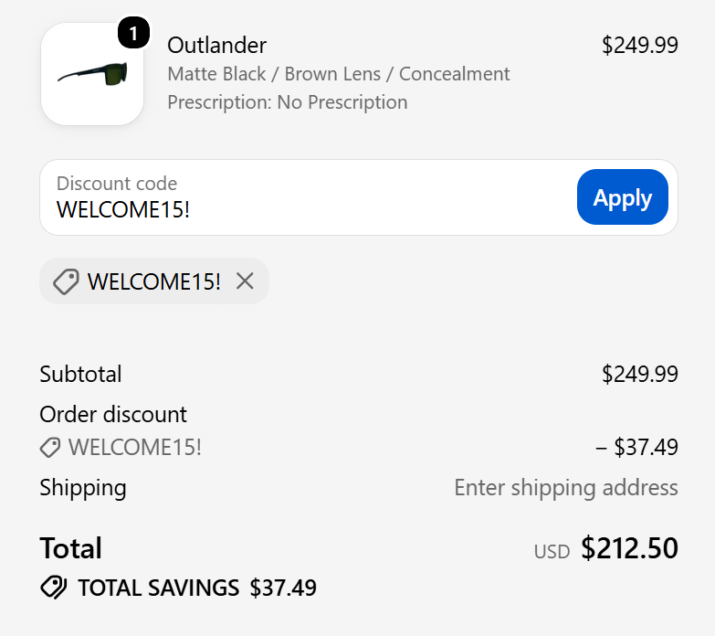 Outlander discount code WELCOME15! 15 percent off sunglasses checkout proof