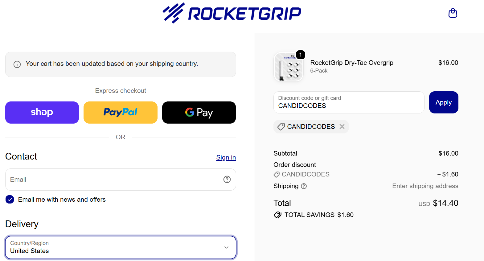 RocketGrip discount code CANDIDCODES 10% off checkout proof