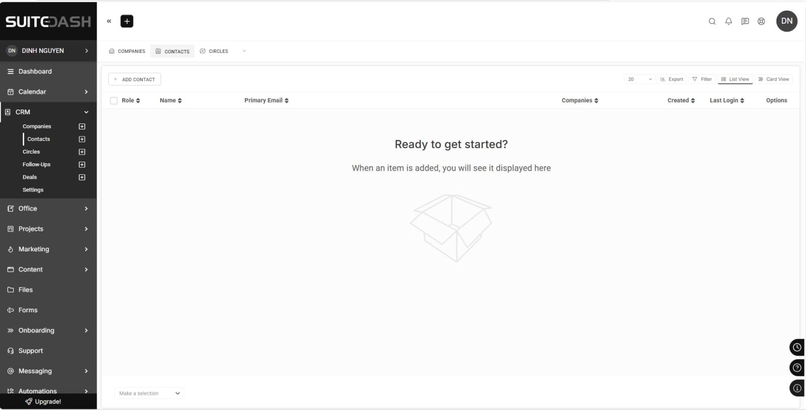 SuiteDash CRM dashboard showing unlimited contacts and client management