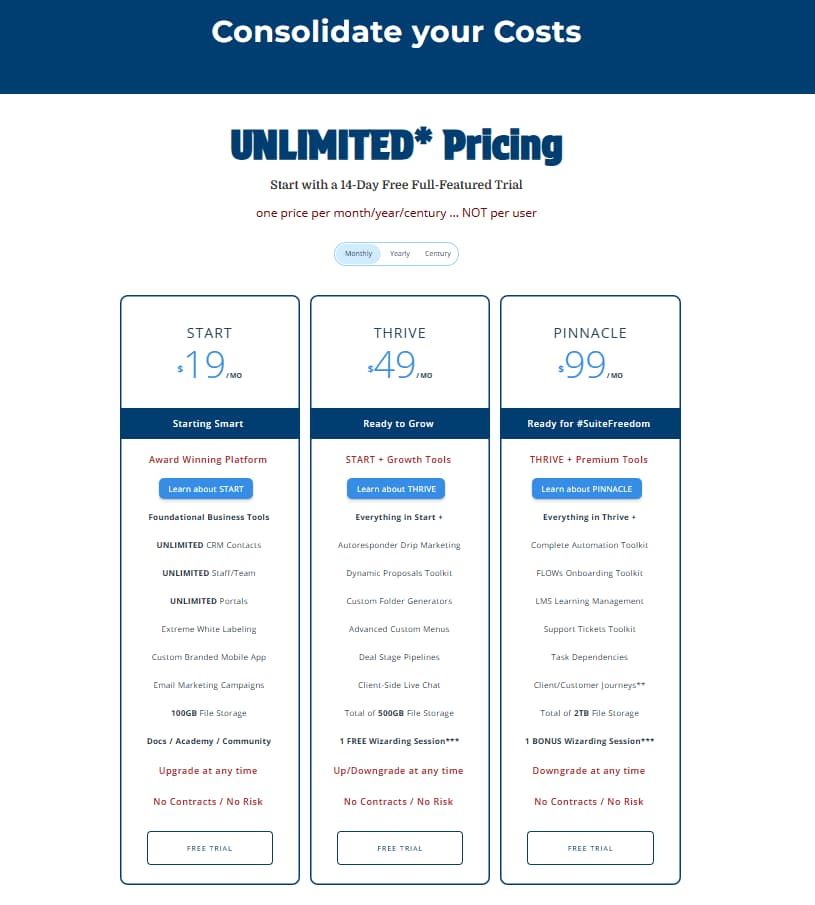 SuiteDash monthly pricing plans 2026 — Start $19, Thrive $49, Pinnacle $99 per month