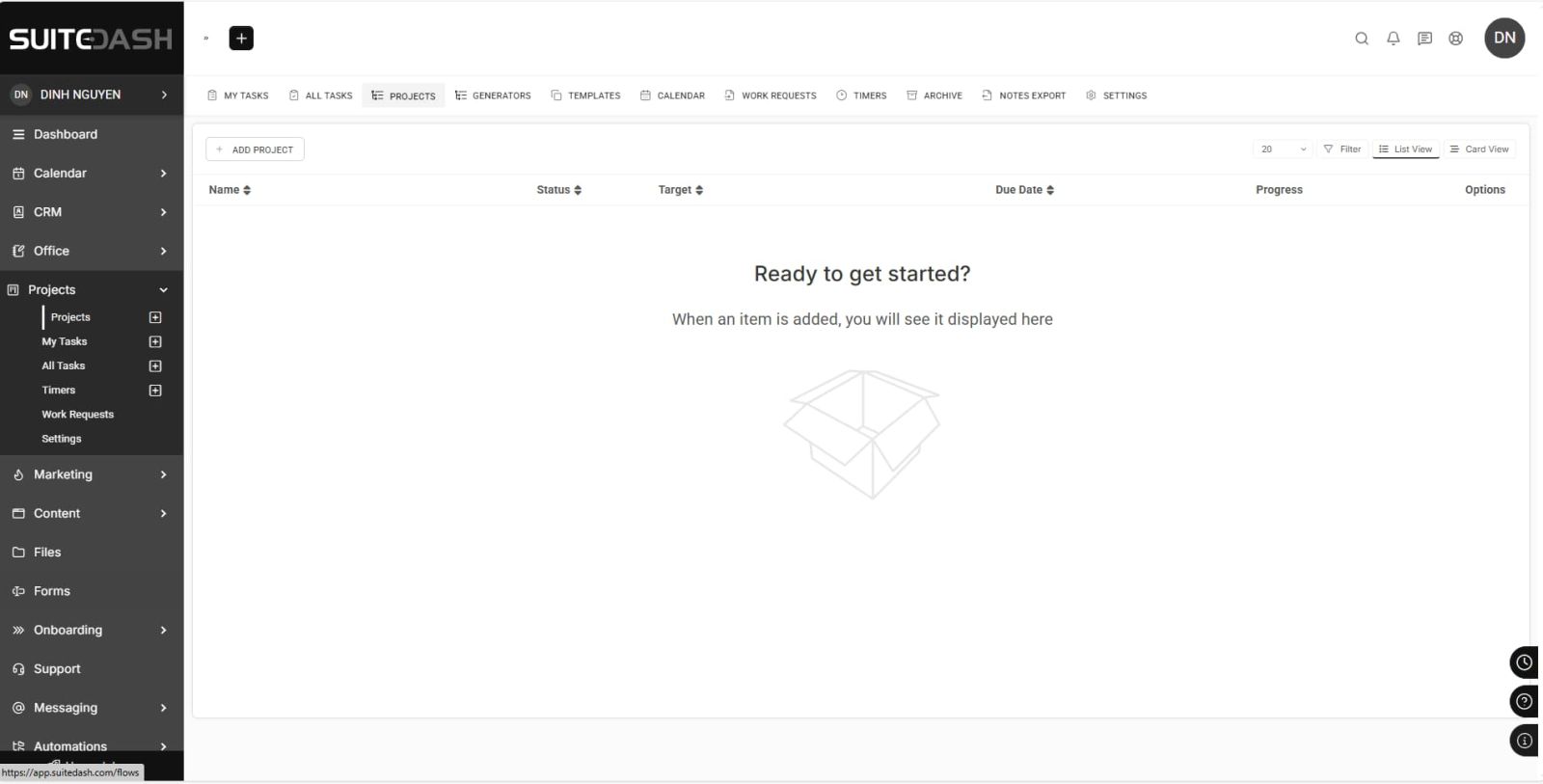 SuiteDash project management dashboard with tasks, team assignments, and time tracking