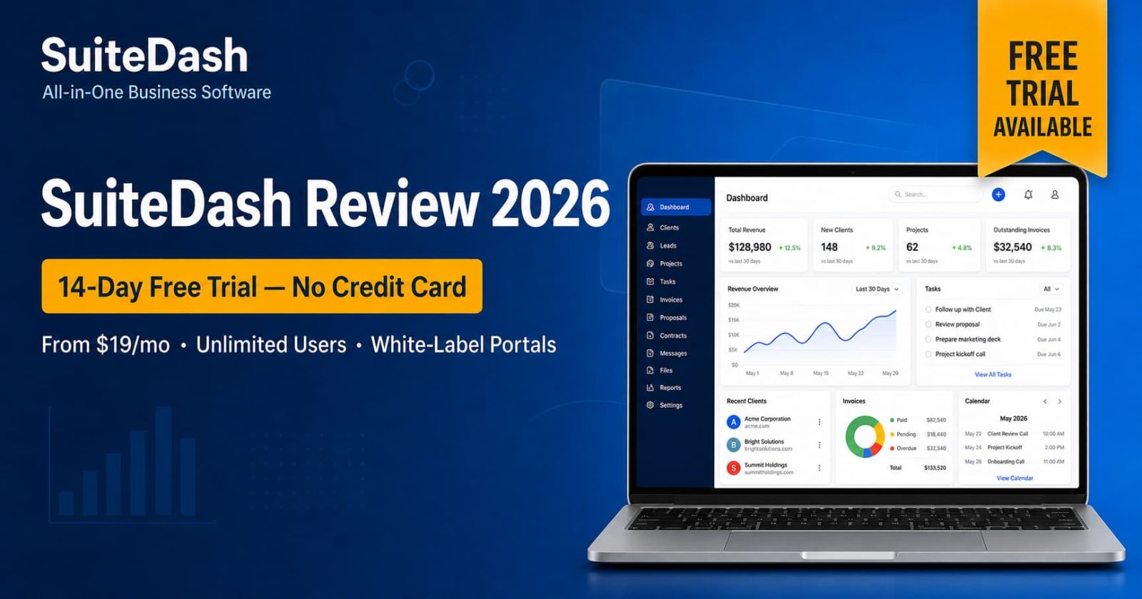 SuiteDash review 2026 showing pricing plans, 14-day trial, white-label portals, and CRM features for service businesses