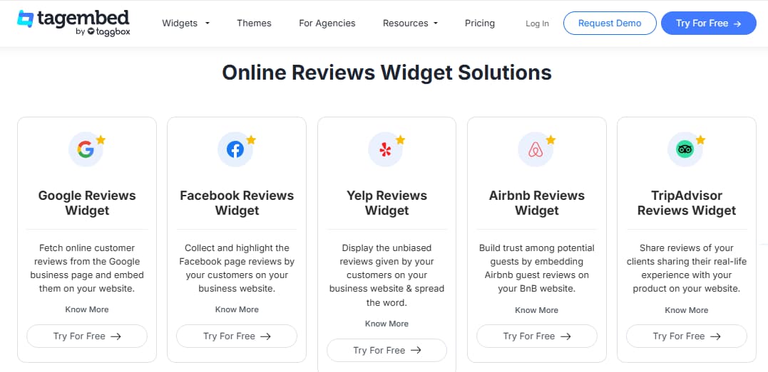 Tagembed review widget Google reviews Facebook Yelp Amazon TripAdvisor Etsy reviews