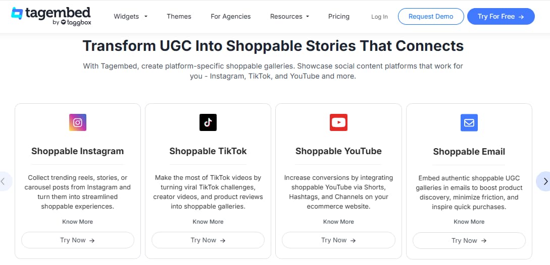 Tagembed shoppable UGC galleries Instagram TikTok YouTube ecommerce product tagging