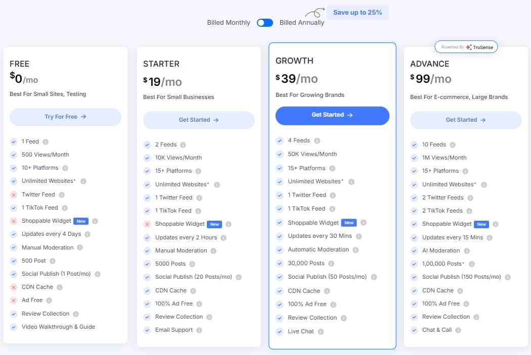 Tagembed monthly pricing Free Starter Growth Advance 2026
