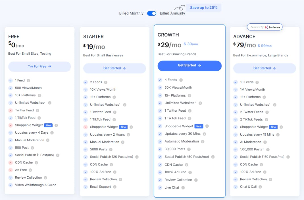 Tagembed pricing monthly yearly free starter growth advance