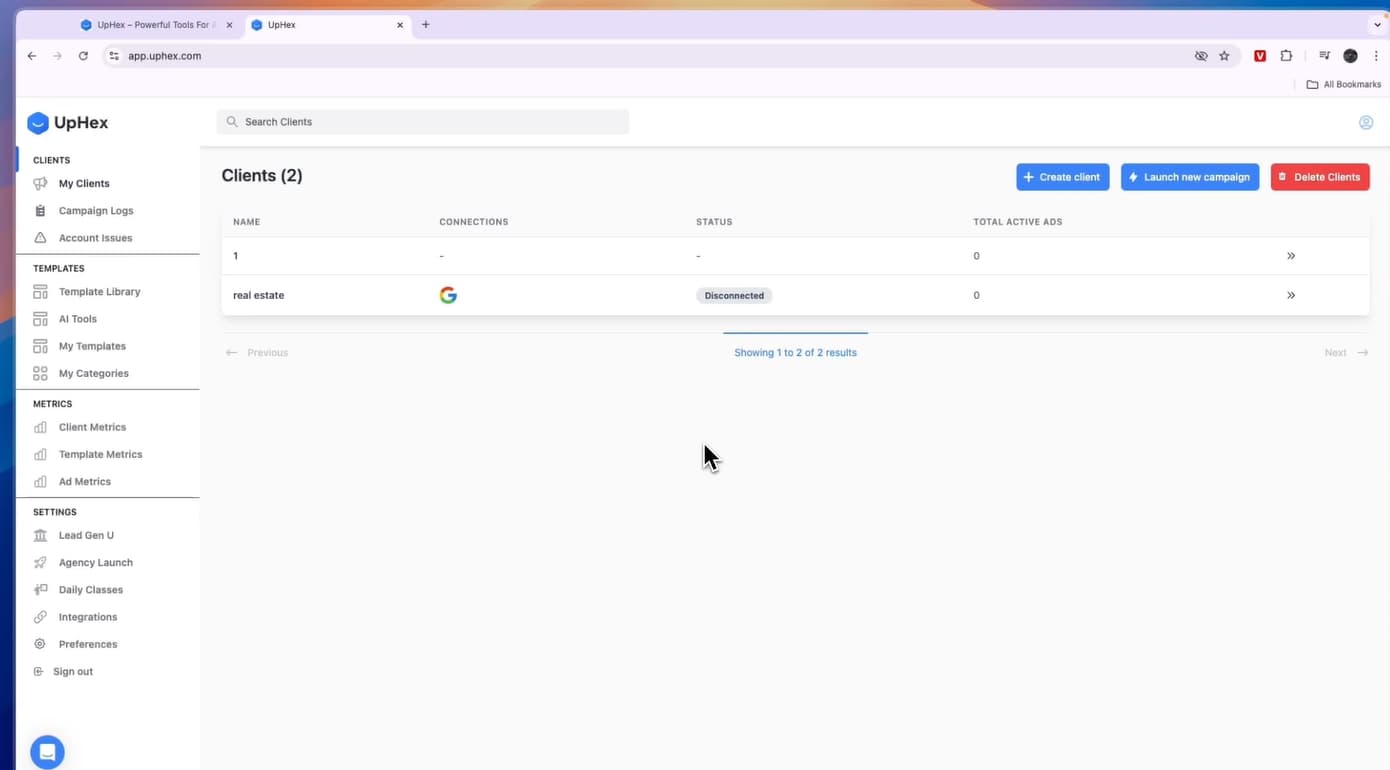 UpHex multi-client ad account dashboard for Facebook Instagram agency management