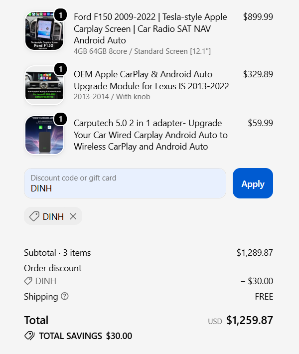 Carputech checkout showing code DINH taking $30 off a three-product order