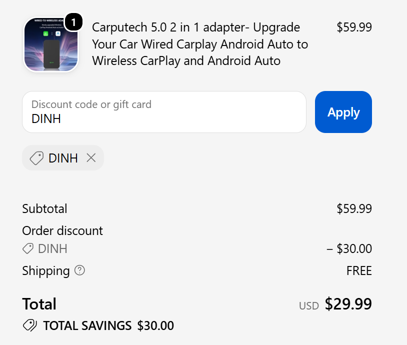code DINH -$30$ Carputech 5_0 2 in 1 adapter- Upgrade Your Car Wired Carplay Android Auto to Wireless CarPlay and Android Auto