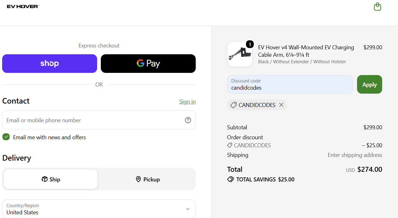 EV Hover discount code CANDIDCODES $25 off checkout proof